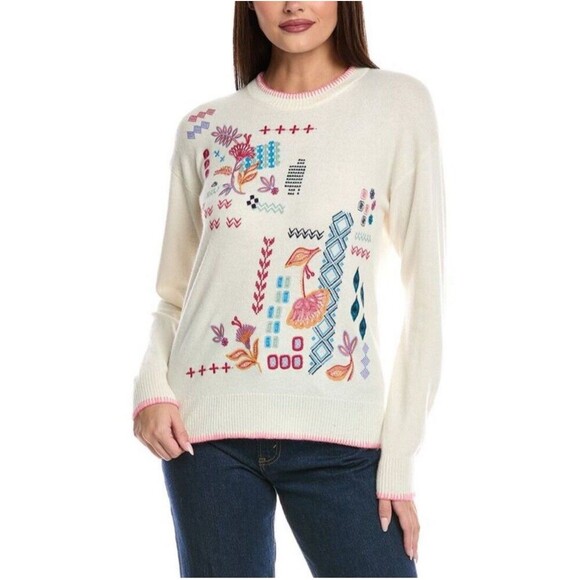 NWT Johnny Was Embroidered Wool Cashmere Sweater XL Cream Floral Boho Pullover - Picture 1 of 9
